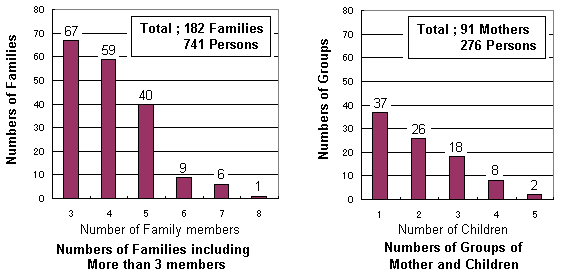 Bar charts show the number of family unit and the number of mothers that were killed by B29 indiscriminative bombing onto Nagaoka